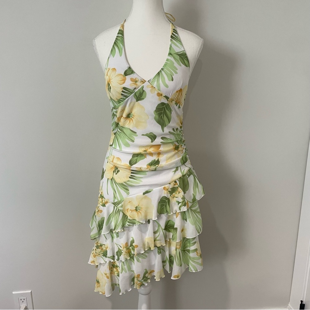 Y2K Mariposa Halter Babydoll Asymmetric Ruffle Floral Dress Size Small Whimsical